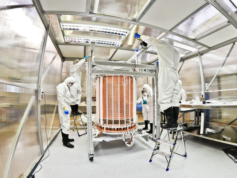 The XENON1T Time Projection Chamber (TPC) after assembly in a clean room.
